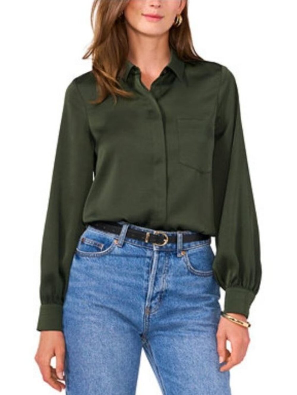 $89 Vince Camuto Women's Long-Sleeve Satin Button-Front Top Military Green XL